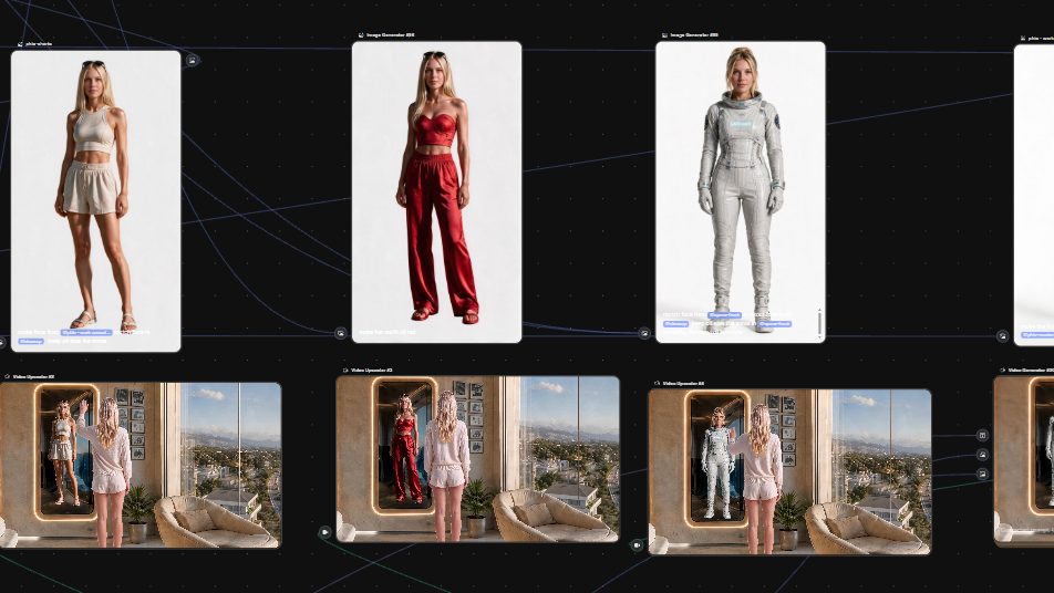 Wardrobe variations generated on a node-based production canvas