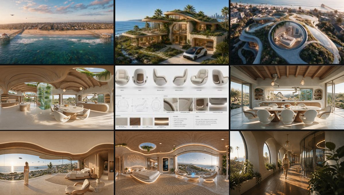 Look development mosaic of The Looking Glass house, exteriors and interiors